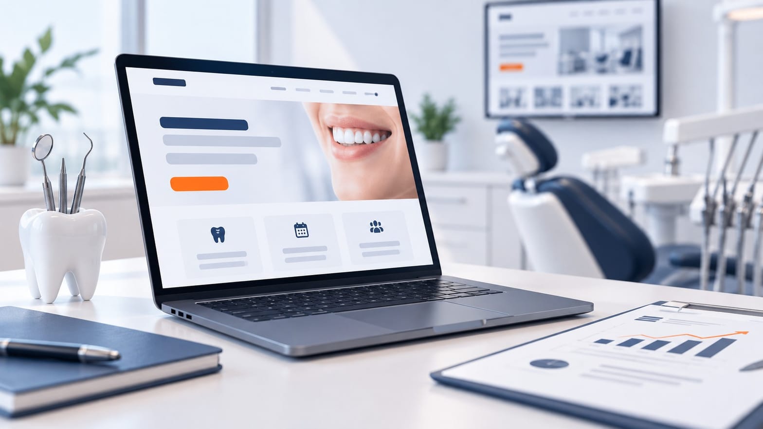 Chirurgien-dentiste préparant le cahier des charges du site internet de son cabinet dentaire