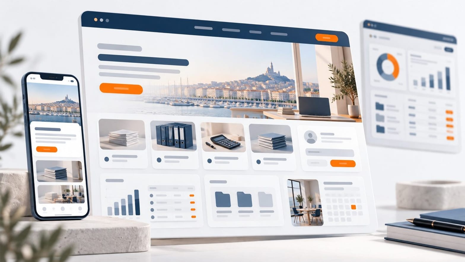 Expert-comptable marseillais présentant le site internet de son cabinet sur un ordinateur portable dans son bureau