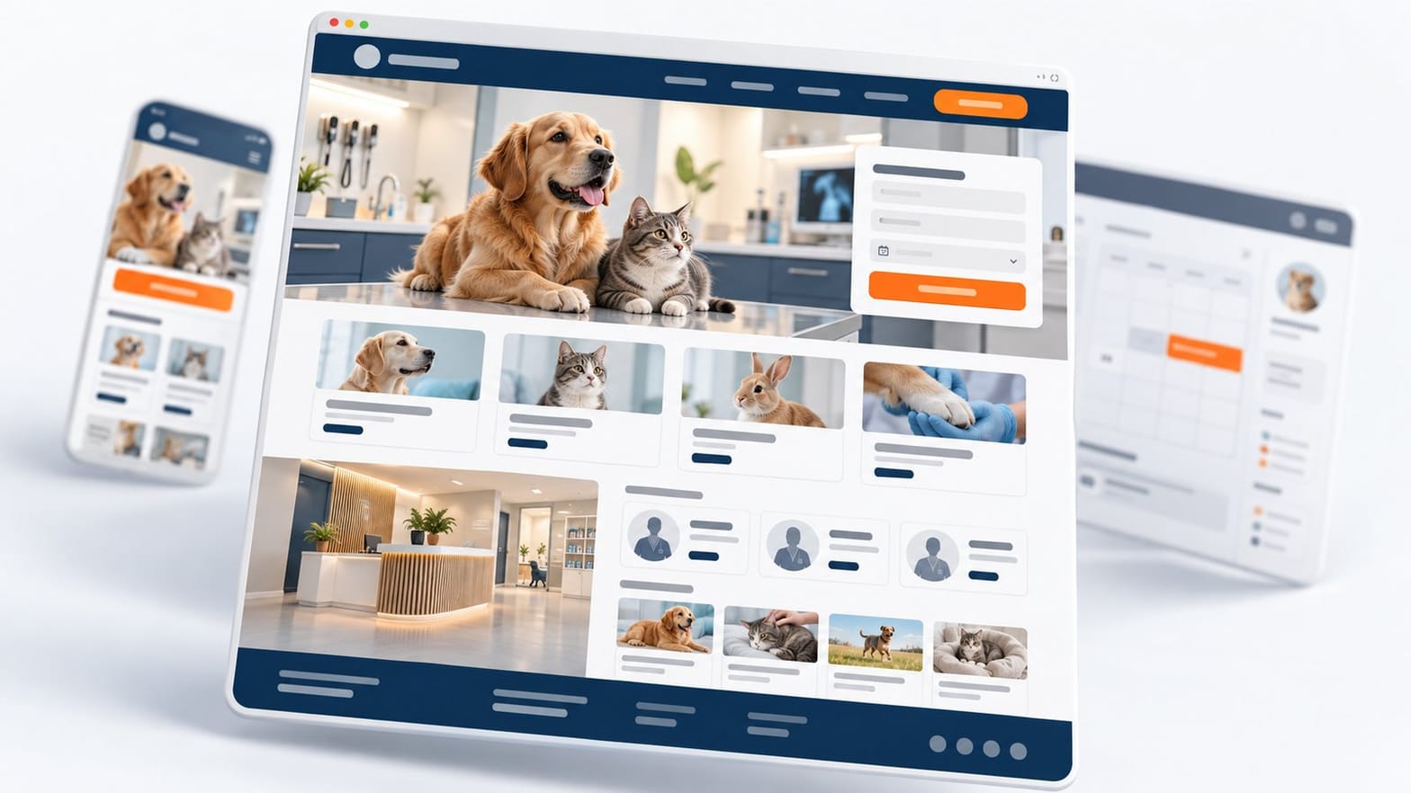 Vétérinaire consultant le site internet de sa clinique sur une tablette à l'accueil