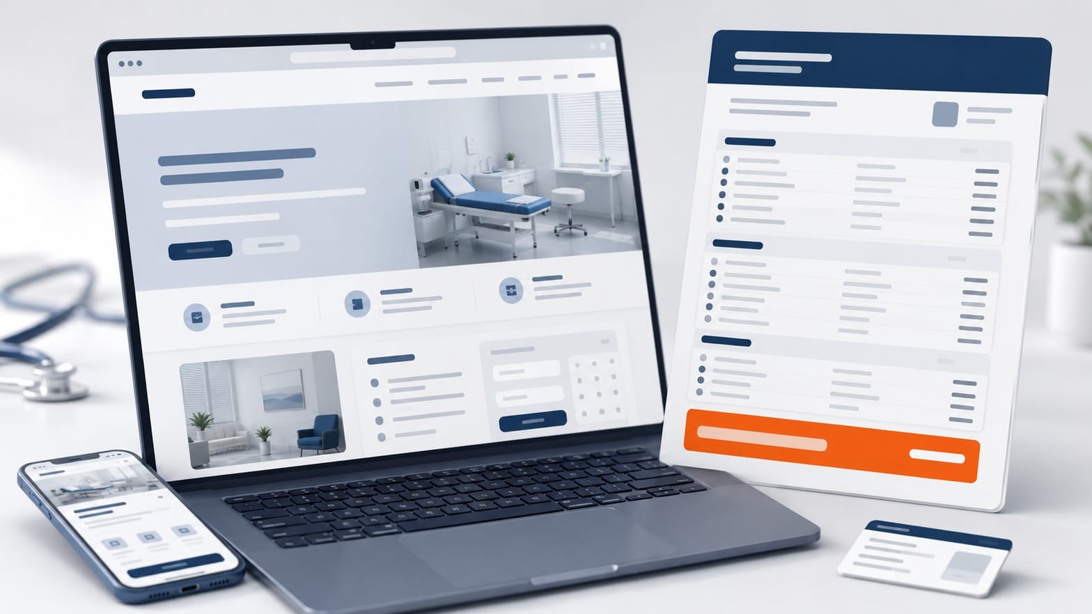 Cabinet médical avec ordinateur affichant le site internet d'un médecin conforme au Code de déontologie