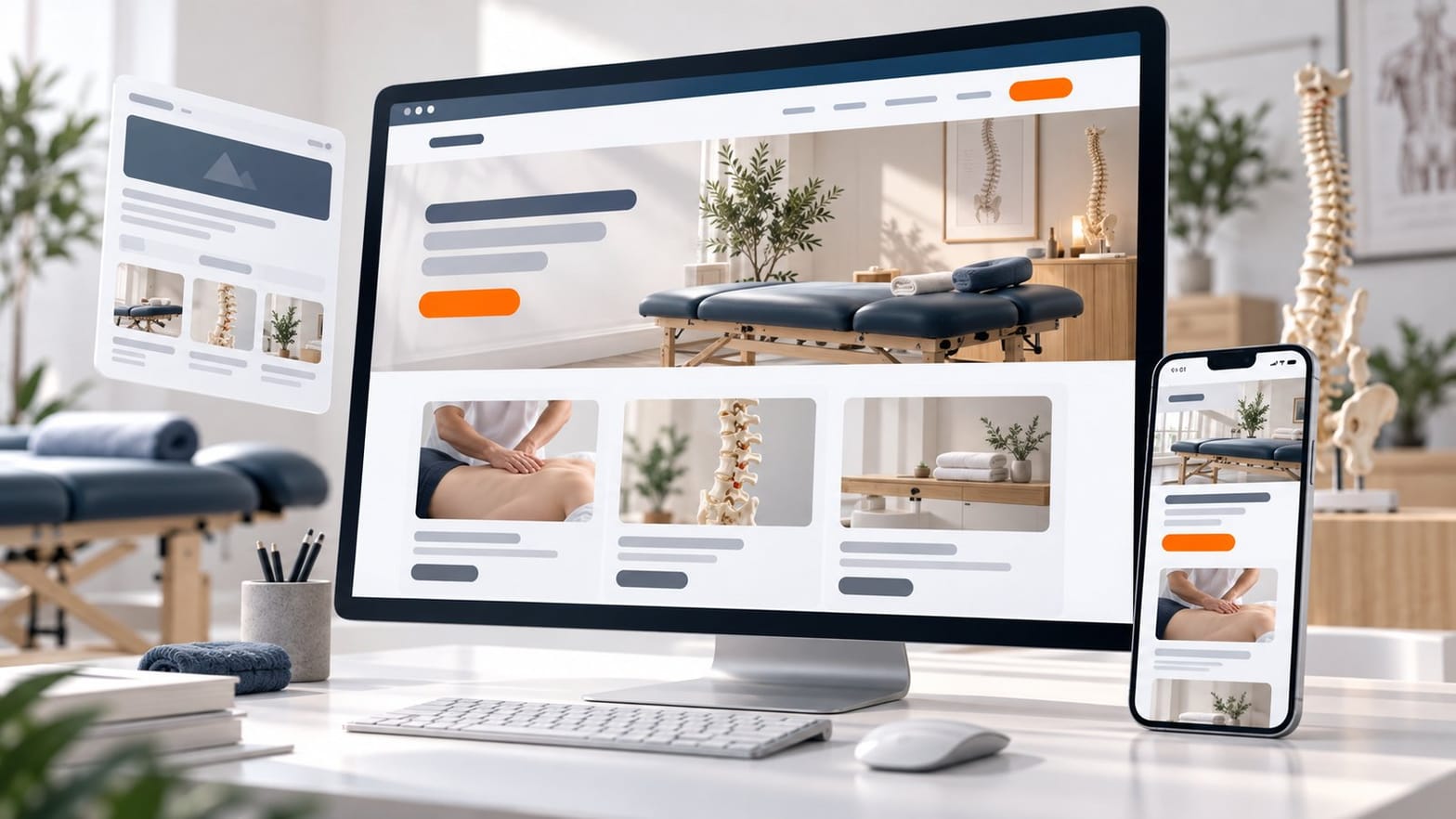 Ostéopathe dans son cabinet consultant sur un ordinateur portable le site internet de sa pratique