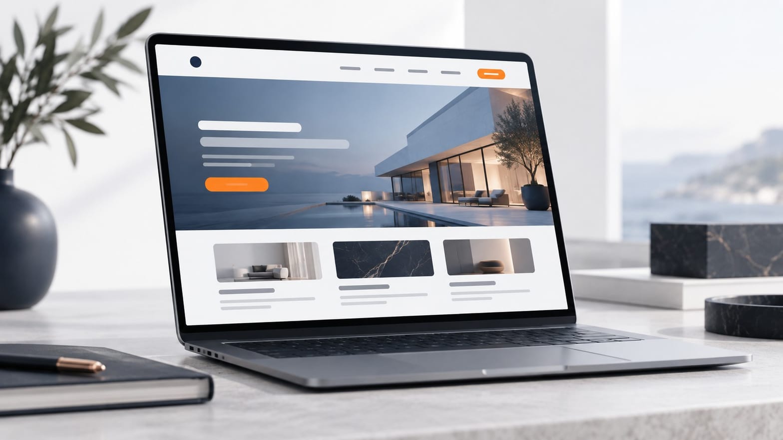 Bureau épuré d'un cabinet libéral avec écran affichant un site internet professionnel au design sobre et haut de gamme