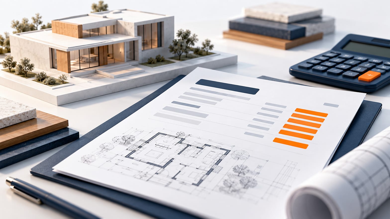 Architecte annotant un plan et une proposition d'honoraires sur son bureau