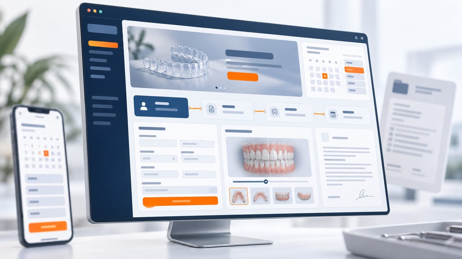 Orthodontiste dans son cabinet consultant le site internet de sa pratique sur un écran