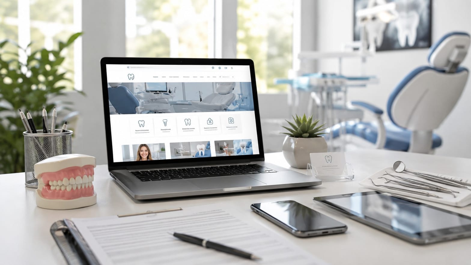 Chirurgien-dentiste consultant le site internet de son cabinet, conforme au Code de déontologie