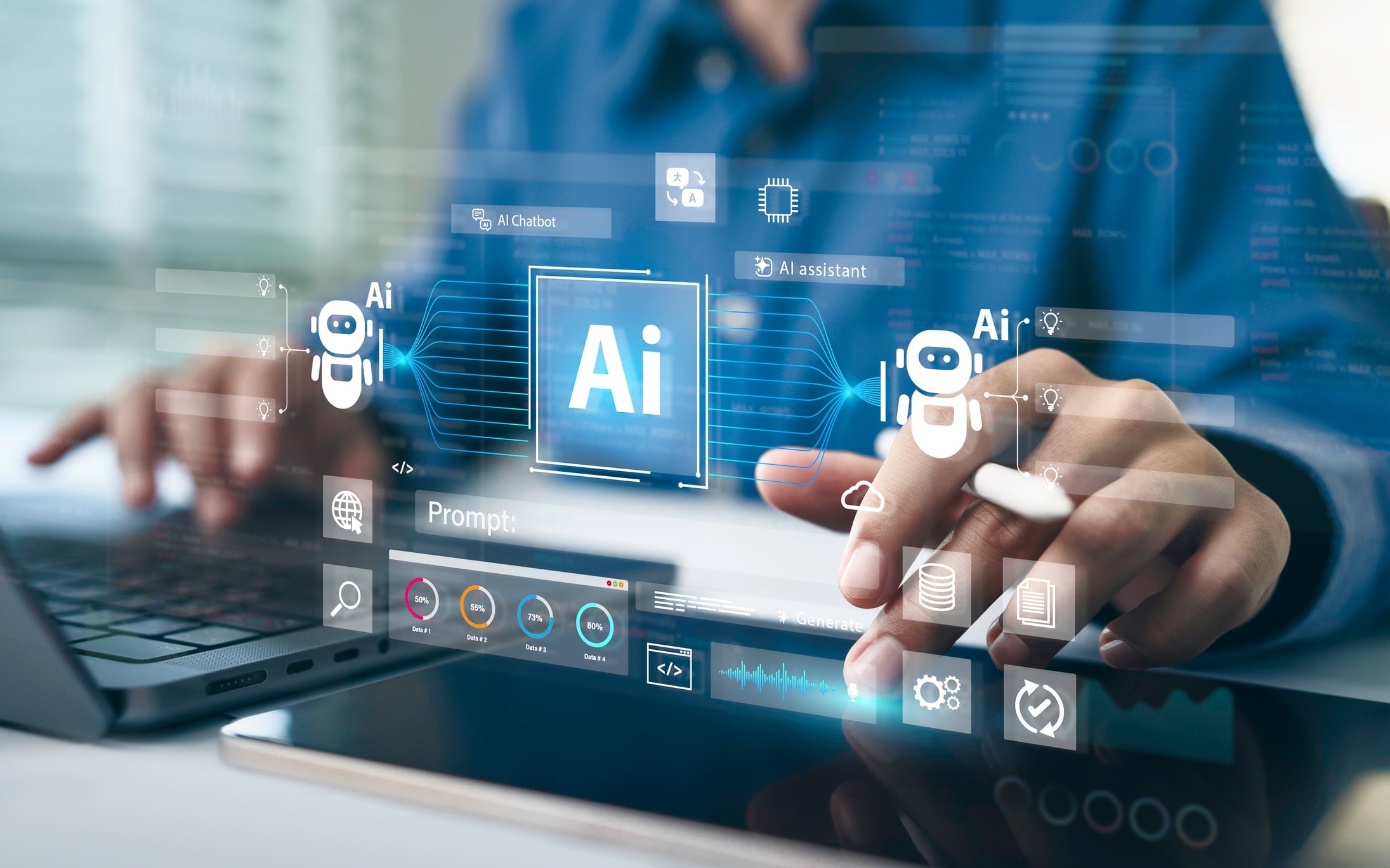 Interface d'assistant IA avec des indicateurs chiffrés, au-dessus d'un ordinateur portable