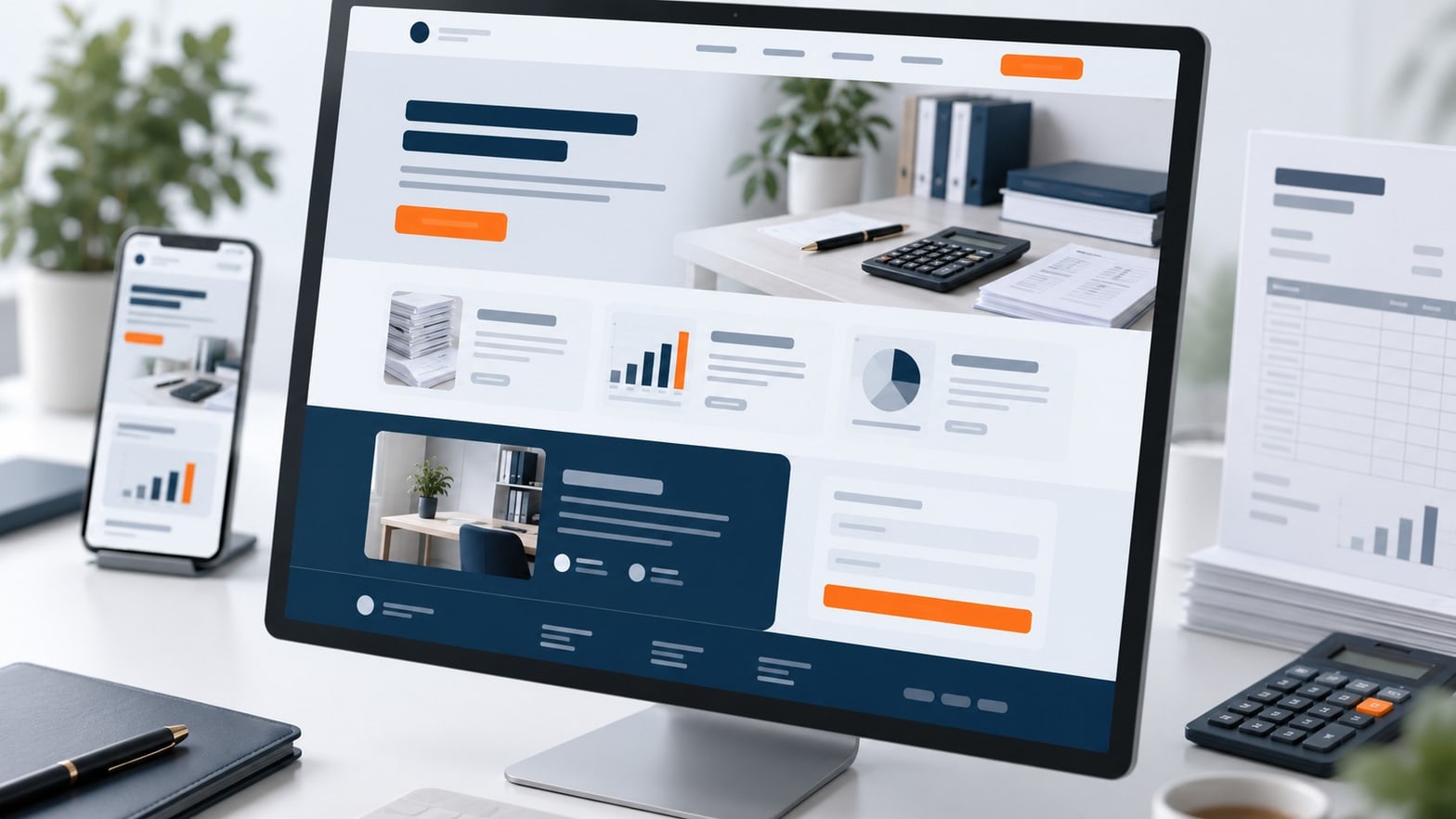 Expert-comptable indépendant préparant l'arborescence et les mentions de son futur site professionnel sur ordinateur