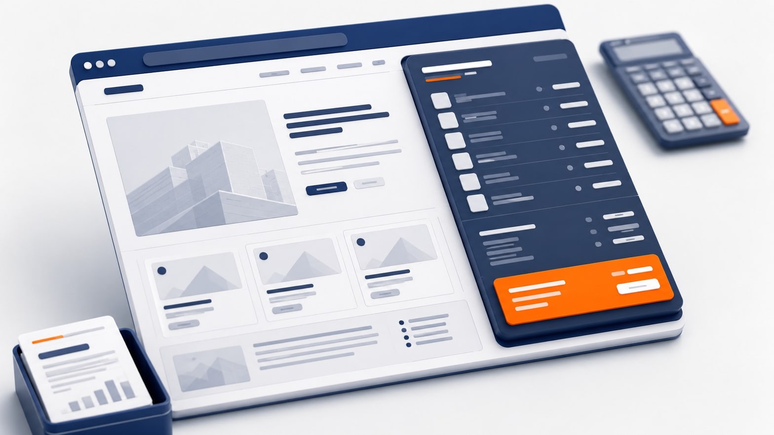 Bureau d'un cabinet d'expertise comptable avec documents financiers et ordinateur affichant un site internet