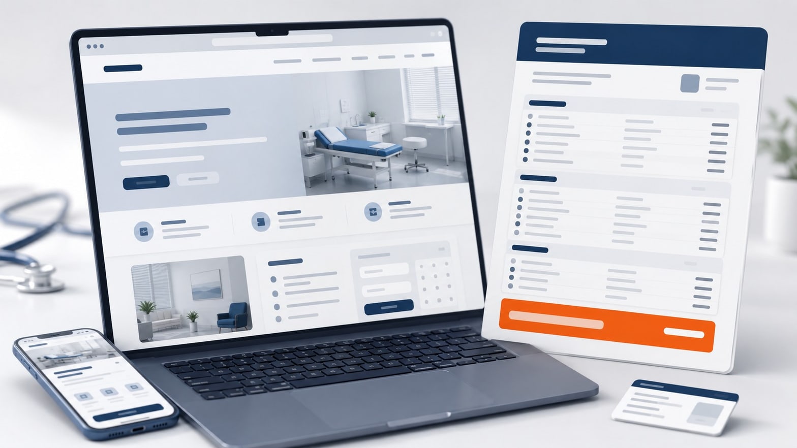 Cabinet médical avec ordinateur affichant le site internet d'un médecin conforme au Code de déontologie
