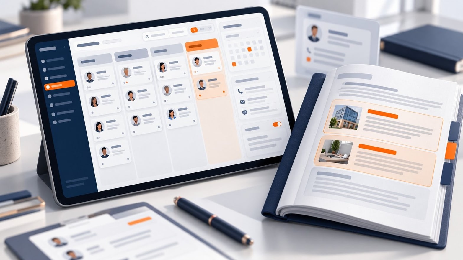 Expert-comptable préparant une campagne de prospection conforme à sa déontologie depuis le bureau de son cabinet